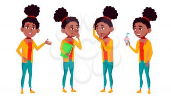 Teen Girl Poses Set Vector. Leisure, Smile. Black. Afro American. For Web, Brochure, Poster Design Isolated Cartoon Illustration