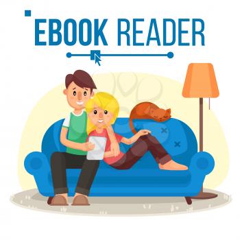 E-Book Reader Vector. E-Learning. Couple At Home. Online Library. Using Ebook. Alternative Device. Reading With An E-book. Isolated Cartoon Illustration