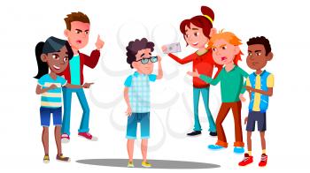 School Conflict, Sad Teenager Is Surrounded By Classmates Ridiculing Him Vector. Illustration