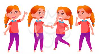 Girl Schoolgirl Kid Poses Set Vector. Redhead. High School Child. School Student. Cheer, Pretty, Youth. For Advertisement, Greeting, Announcement Design. Isolated Cartoon Illustration