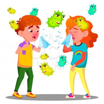 Sneezing Boy And Girl Surrounded By Flying Bacteria Vector. Isolated Illustration