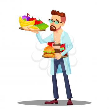 Nutritionist With Fruits And Hamburgers In Hands, Healthy And Unhealthy Food Vector. Isolated Illustration