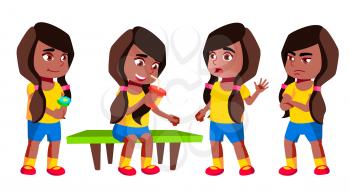 Girl Kindergarten Kid Poses Set Vector. Black. Afro American. Baby Expression. Preschooler. For Card, Advertisement, Greeting Design. Isolated Cartoon Illustration