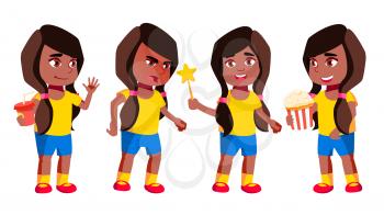 Girl Kindergarten Kid Poses Set Vector. Black. Afro American. Preschool. Young Positive Person. Beauty. For Banner, Flyer, Brochure Design. Isolated Cartoon Illustration