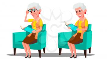 Visually Impaired Elderly Woman Reading A Book Vector. Isolated Illustration