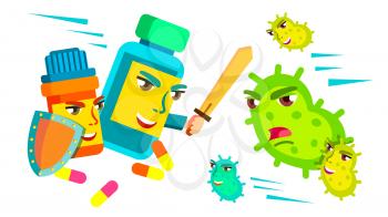 Pill Fighting With Sword And Shield Against Bacteria Attacking It, Medical Protect Concept Vector. Isolated Illustration
