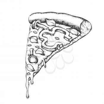 Vegetarian Italian Slice Pizza Hand Drawn Vector. Slice Cheese Pizza With Ingredients Mushroom Honey Agaric And Paprika Pepper, Basil Leaves And Oregano Concept. Designed Monochrome Illustration