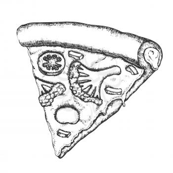 Vegetarian Italian Slice Pizza Monochrome Vector. Cooked Slice Cheese Pizza With Ingredients Rapini And Paprika Pepper, Tomatoes And Mozzarella Concept. Designed Pizzeria Food Monochrome Illustration