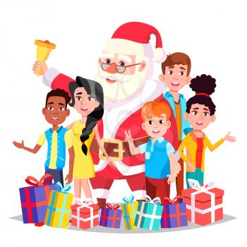 Santa Claus With Children Vector. Merry Christmas And Happy New Year. Greeting, Postcard, Colorful Design. Isolated Cartoon Illustration