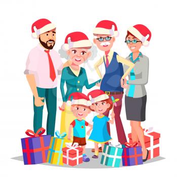 Christmas Family Portrait Vector. Big Happy Family. Traditional Event. Santa Hats. New Year Gifts. Parents, Grandparents, Children. Greeting, Postcard Colorful Design Isolated Cartoon Illustration