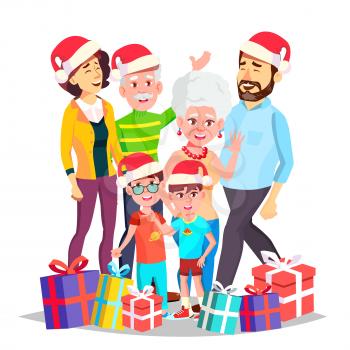 Christmas Family Vector. December Eve. Cheerful. Mom, Dad, Children, Grandparents Together. Happy. New Year Gifts Banner Flyer Brochure Design Isolated Cartoon Illustration