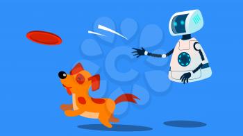 Robot Dogwalker Playing With A Dog Vector. Illustration