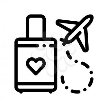 Valise And Airplane Honeymoon Trip Vector Icon Thin Line. Valise With Love Symbol Heart Linear Pictogram. Party Preparation And Marriage Template Monochrome Contour Concept Illustration