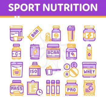 Sport Nutrition Cells Vector Thin Line Icons Set. Sport Nutrition for Sportsmen Linear Pictograms. Dietary Nutrition, Protein Ingredients, Wheys, Bars for Bodybuilding Color Contour Illustrations