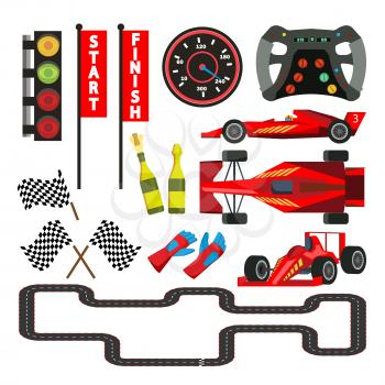 Sport Car Racing Icons Set Vector. Speedometer, Car Steering Wheel, Flag Checkered, Route, Traffic Light, Gloves, Cup, Champagne. Rally Accessories Isolated Illustration