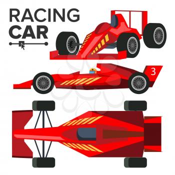 Racing Car Bolid Vector. Sport Red Racing Car. Front, Side, Back View. Auto Illustration