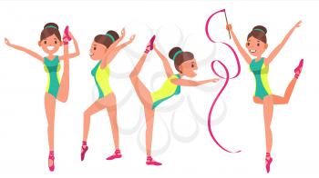 Gymnastics Female Player Vector. Gymnastic Tape, Hoop, Mace. Slim. Dance. In Action. Cartoon Character Illustration