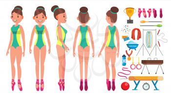 Gymnastics Young Woman Player Vector. Gymnastic Mace. Modern Beauty Uniform. Girl Athlete. Flat Cartoon Illustration