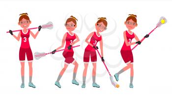 Lacrosse Female Player Vector. High School Or Colleges Girl. Team Members. Professional Athlete. Sport Competitions. Flat Cartoon Illustration