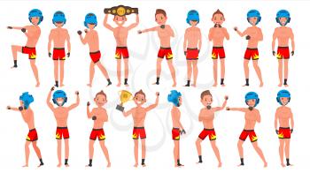 MMA Young Man Player Vector. Man. Fighters Fighting. Training Club. Poses Set. Flat Athlete Cartoon Illustration