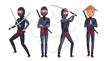 Cheerful Ninja Vector. Warrior Samurai With Weapon Sword. Isolated On White Flat Cartoon Illustration