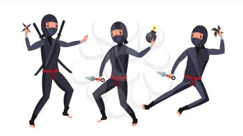 Ninja Character Vector. Cartoon Funny Warriors. Different Poses. Isolated On White Background Flat Cartoon Illustration