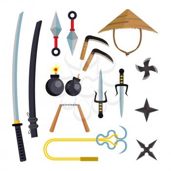 Ninja Weapons Set Vector. Assassin Accessories. Star, Sword, Sai, Nunchaku. Throwing Knives Katana Shuriken Isolated Illustration