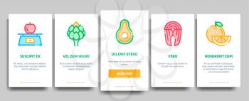 Collection Healthy Food Vector Onboarding Mobile App Page Screen. Vegetable, Fruit And Meat Healthy Food Linear Pictograms. Strawberry And Orange, Blueberry And Pumpkin, Eggs And Fish Illustrations