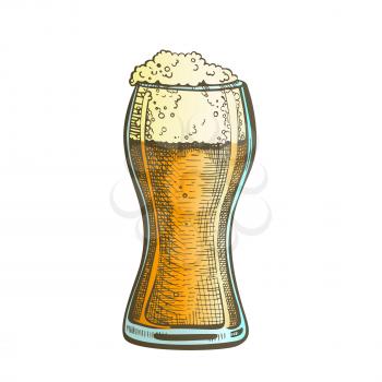 Drawn Standard Pub Glass With Foam Beer Vector. Glass With Pint Light Alcoholic Fresh Cold Brewery Beverage For Celebration Party. Closeup Color Mockup Illustration