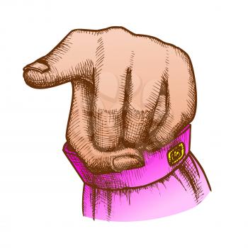 Female Hand Index Finger Pointing Gesture Vector. Woman Pointer Finger Showing Sign. Girl Forefinger Wrist Gesturing Choice Signal Color Hand Drawn In Vintage Style Closeup Illustration