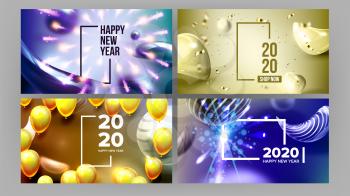 Bright Invite Card Happy New Year Banner . Greeting-card Decorated Yellow Air Balloons And Golden Foil Celebration Background. Horizontal Postcard 3d Illustration
