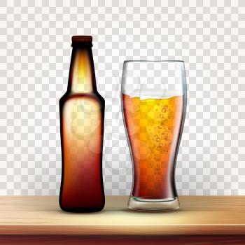 Realistic Bottle And Full Glass Of Red Beer Vector. Container For Foamy Lager Beverage And Goblet On Wooden Table. Mockup Blank Sticker. Image Isolated On Transparency Grid Background. 3d Illustration