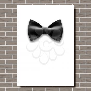Bow Tie Poster Vector. Empty White A4. Black Bow Tie. Classic Satin Butterfly. Place For Text. Brick Wall. Realistic Illustration