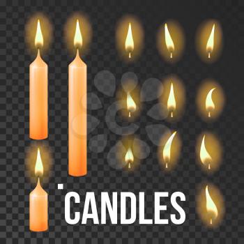 Candles Set Vector. Orange. Religion, Church Prayer. Transparent Background Realistic Illustration