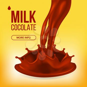Chocolate Splash Vector. Tasty Flow. Cocoa Product. Splashing Creamy Wave. Hot Sauce, Coffee. Brown Background. 3D Realistic Illustration