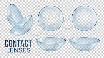 Medical Glass Contact Optical Lenses Set Vector. Realistic Style Medical Device Worn To Correct Vision, Cosmetic Or Therapeutic Help On Isolated Transparent Background. 3d Illustration