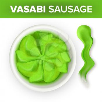 Wasabi Hot Mustard In Dip Bowl With Splash Vector. Traditional Japanese Green Natural Organic Spicy Wasabi For Asian Dishes And Sushi. Seasoning And Sauce Top View Realistic 3d Illustration