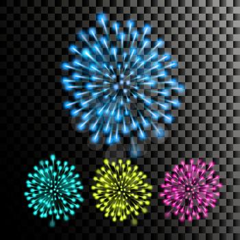 Firework Vector. Night Carnival Light. Holiday Anniversary Salute Burst. Isolated On Transparent Background Realistic Illustration