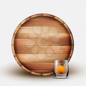 Blank Wooden Barrel With Glass Of Whiskey Vector. Colorful Design Brown Barrel And Cup With Old Delicious Alcoholic Bronze Drink, Ice And Bubbles. Front View Realistic 3d Illustration