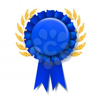 Blue Award Ribbon Vector. Best Trophy. Luxury Product. Object Template. 3D Realistic Illustration