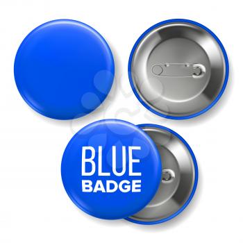 Blue Badge Mockup Vector. Pin Brooch Blue Button Blank. Two Sides. Front, Back View. Branding Design Realistic Illustration