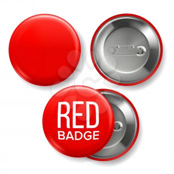 Red Badge Mockup Vector. Pin Brooch Red Button Blank. Two Sides. Front, Back View. Branding Design Realistic Illustration