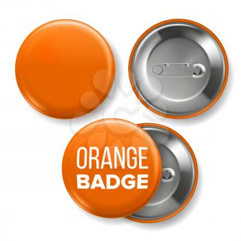 Orange Badge Mockup Vector. Pin Brooch Orange Button Blank. Two Sides. Front, Back View. Branding Design Realistic Illustration