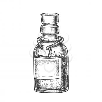 Bubbled Potion Elixir Bottle Monochrome Vector. Glass Bottle With Blank Label On Planted Yarn. Poisonous Liquid In Vial Template Hand Drawn In Vintage Style Black And White Illustration