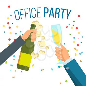 Champagnes Office Party Vector. Champagne Bottle, Confetti Explosion. Hand With Glasses. Isolated Illustration
