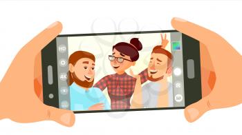 Taking Photo On Smartphone Vector. Smiling Friends Taking Selfie. People Posing. Hand Holding Smartphone. Friendship Concept. Isolated Flat Cartoon Illustration