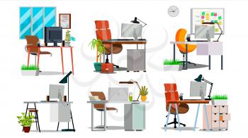 Office Workplace Interior Set Vector. Interior Of The Office Room, Creative Developer Studio. PC, Computer, Laptop, Table, Chair. Isolated Flat Illustration