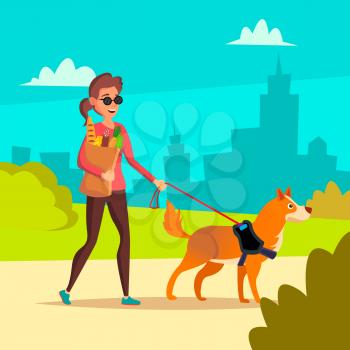 Blind Woman Vector. Young Person With Pet Dog Helping Companion. Disability Socialization Concept. Blind Female And Guide Dog On Crosswalk. Character Illustration