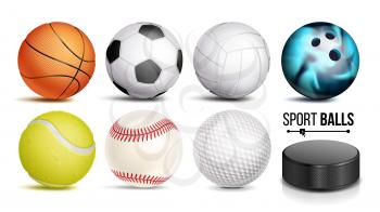Sport Balls Vector. Set Of Soccer, Basketball, Bowling, Tennis, Golf, Volleyball, Baseball Balls Hockey Puck Isolated Illustration