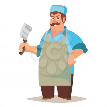 Professional Butcher Vector. Classic Butcher Man With Knife. Eco Farm Organic Market. For Storeroom Advertising. Cartoon Isolated Illustration.